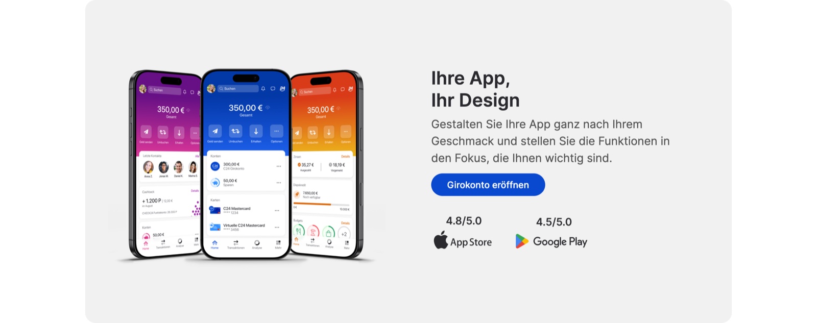 The C24 Bank app in three designs: a customisable home screen with balance, cashback, accounts and budgets – rated 4.8/5 on the App Store and 4.5/5 on Google Play