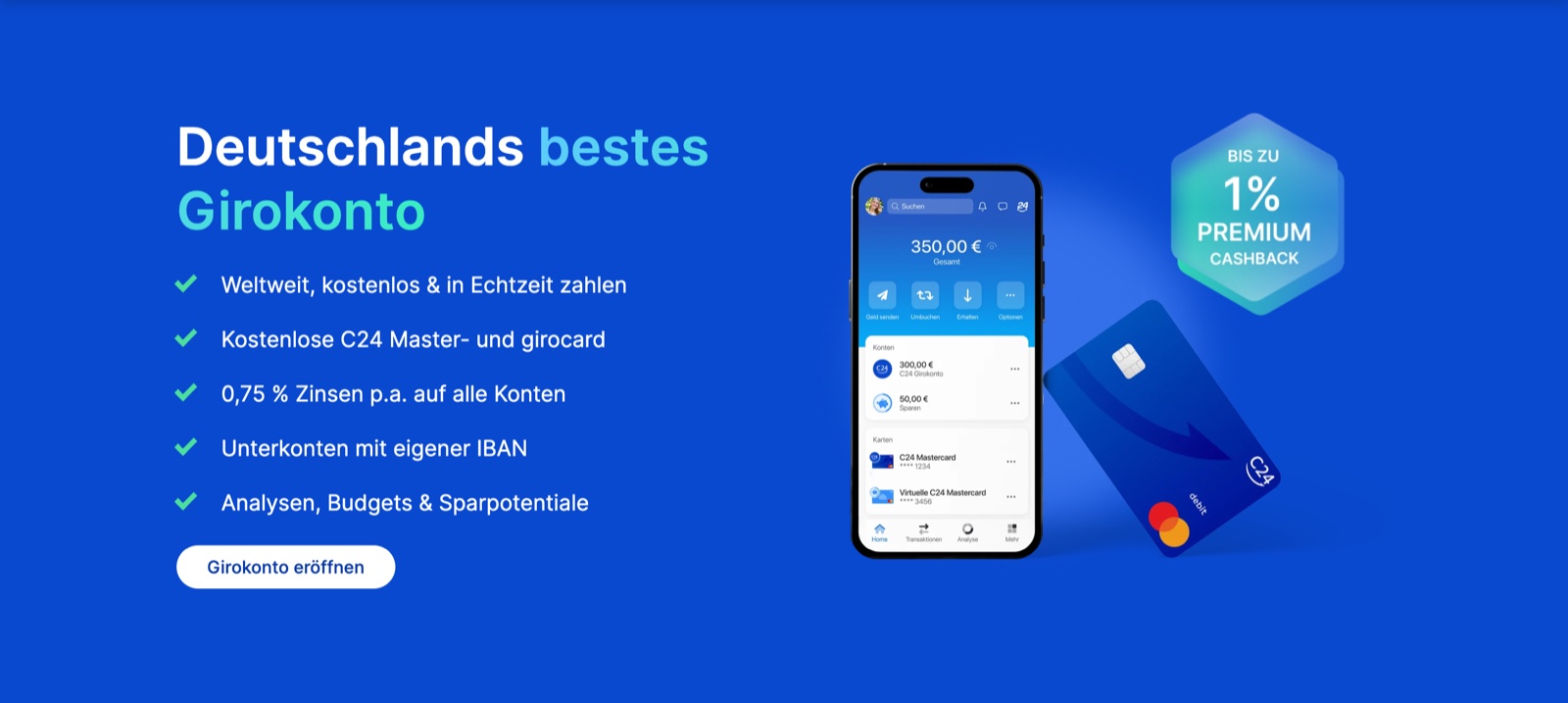 The free C24 current account from C24 Bank – the basis for the €75 new-customer promotion with a digital account switch