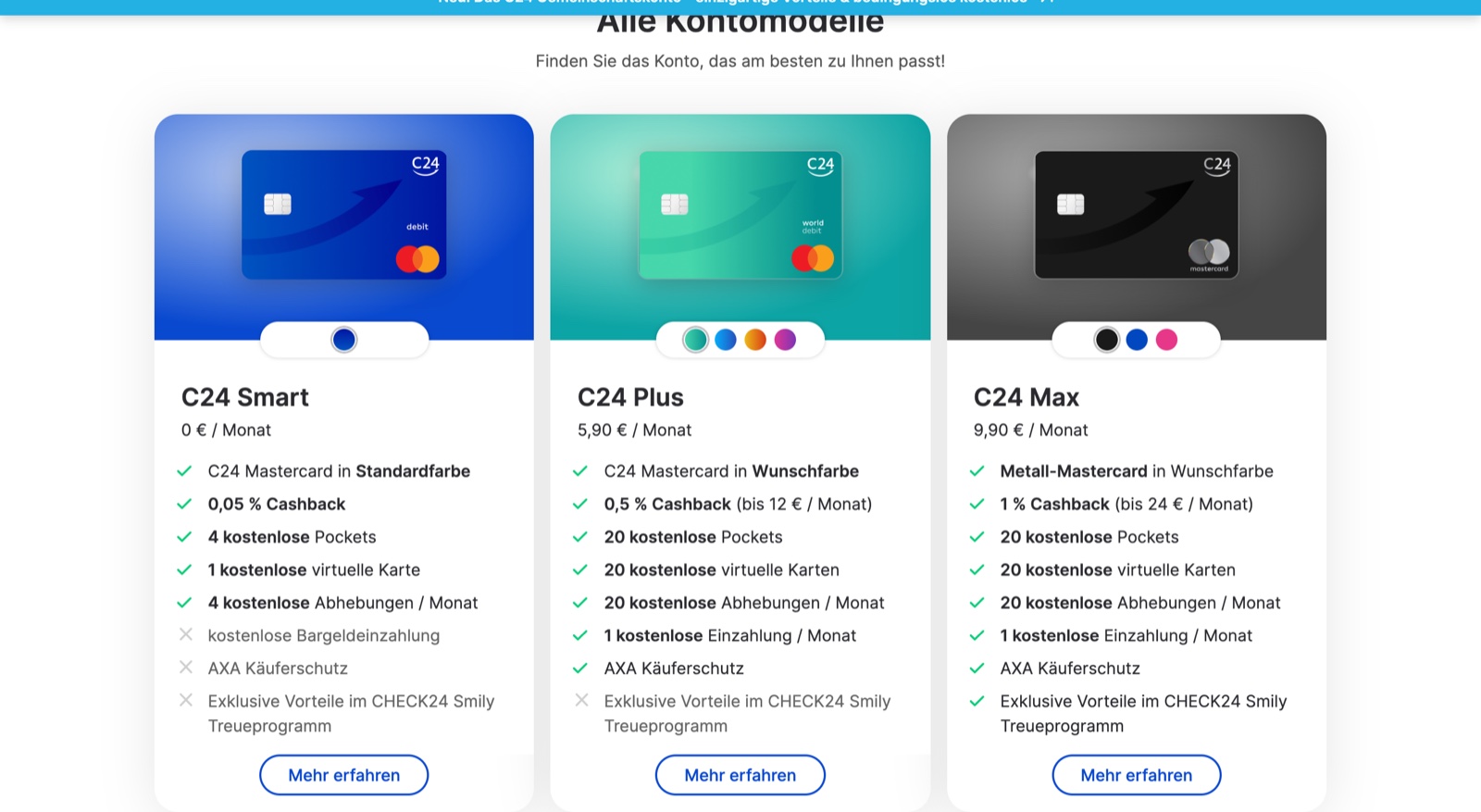 All C24 account plans compared: C24 Smart (€0), C24 Plus (€5.90/month) and C24 Max (€9.90/month) with cashback, pockets, free withdrawals and AXA purchase protection