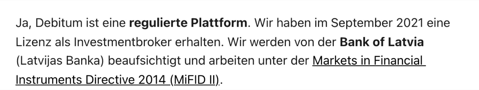 Debitum as a regulated platform: licensed since September 2021, supervised by the Bank of Latvia, MiFID II regulated