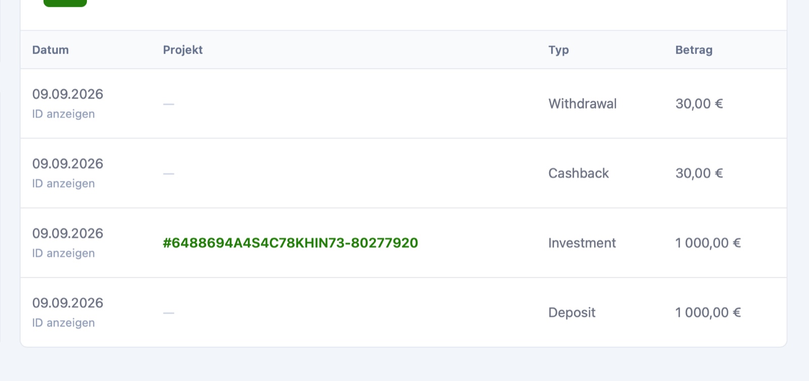 Mein Digilo-Transaktionsverlauf: 1.000 € Deposit, 1.000 € Investment und dazu 30 € Cashback – die 3 % auf mein Investment