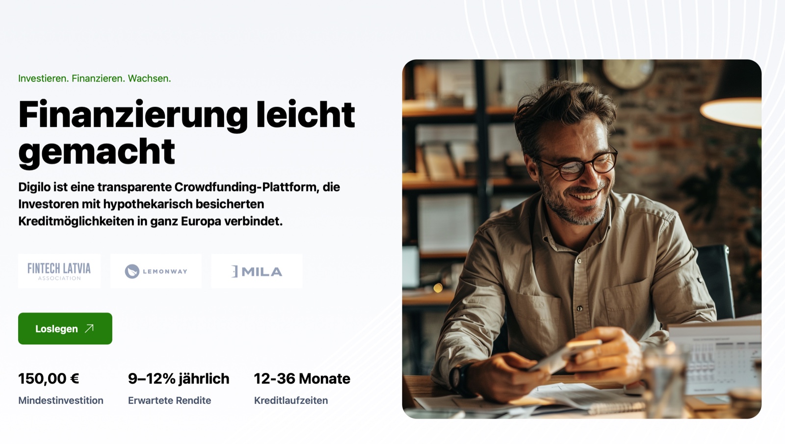 Die Startseite von Digilo: eine transparente Crowdfunding-Plattform für immobilienbesicherte Kredite mit 150 € Mindestinvestition, 9–12 % jährlicher Rendite und 12–36 Monaten Laufzeit