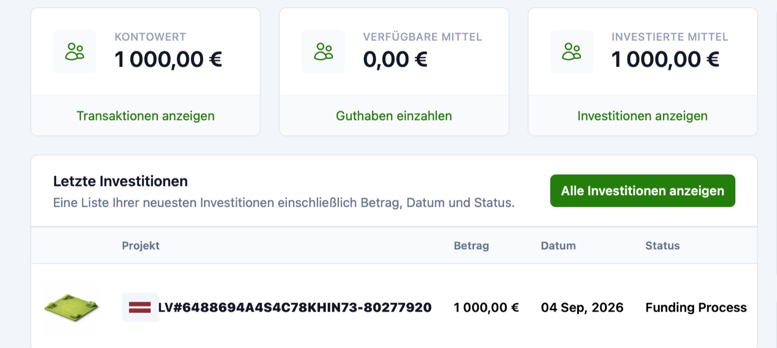 Mein Digilo-Dashboard: Kontowert 1.000,00 €, investierte Mittel 1.000,00 €, Investition in ein lettisches Projekt vom 4. September 2026 im Status Funding Process