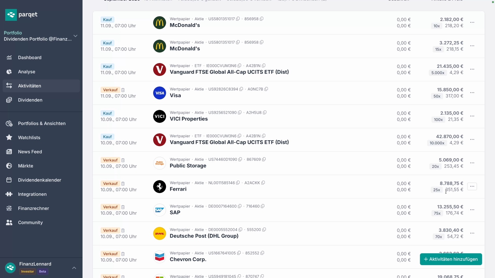 Meine Parqet-Aktivitäten im September 2026: Verkäufe von Visa, Public Storage, Ferrari, SAP, Deutsche Post/DHL, Chevron und Microsoft, dazu die ETF-Käufe von 10.000 und 5.000 Anteilen Vanguard FTSE Global All-Cap