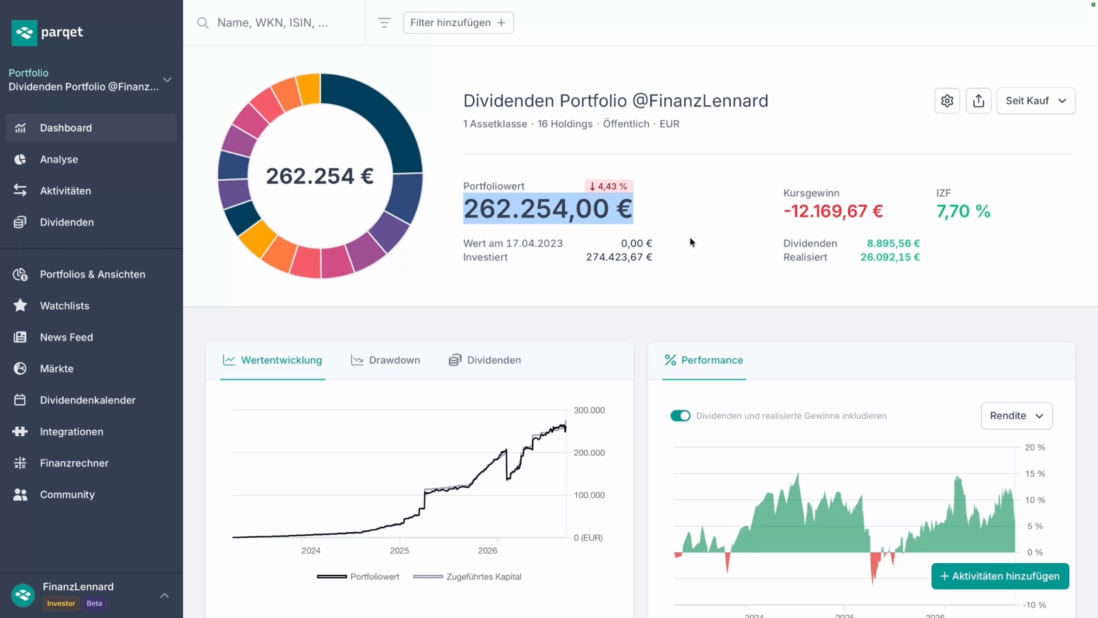 Mein Parqet-Dashboard: Dividenden-Depot mit 262.254 € Portfoliowert, 12.169,67 € Kursverlust, 7,70 % IZF sowie 8.895,56 € erhaltenen und 26.092,15 € realisierten Gewinnen über 16 Holdings