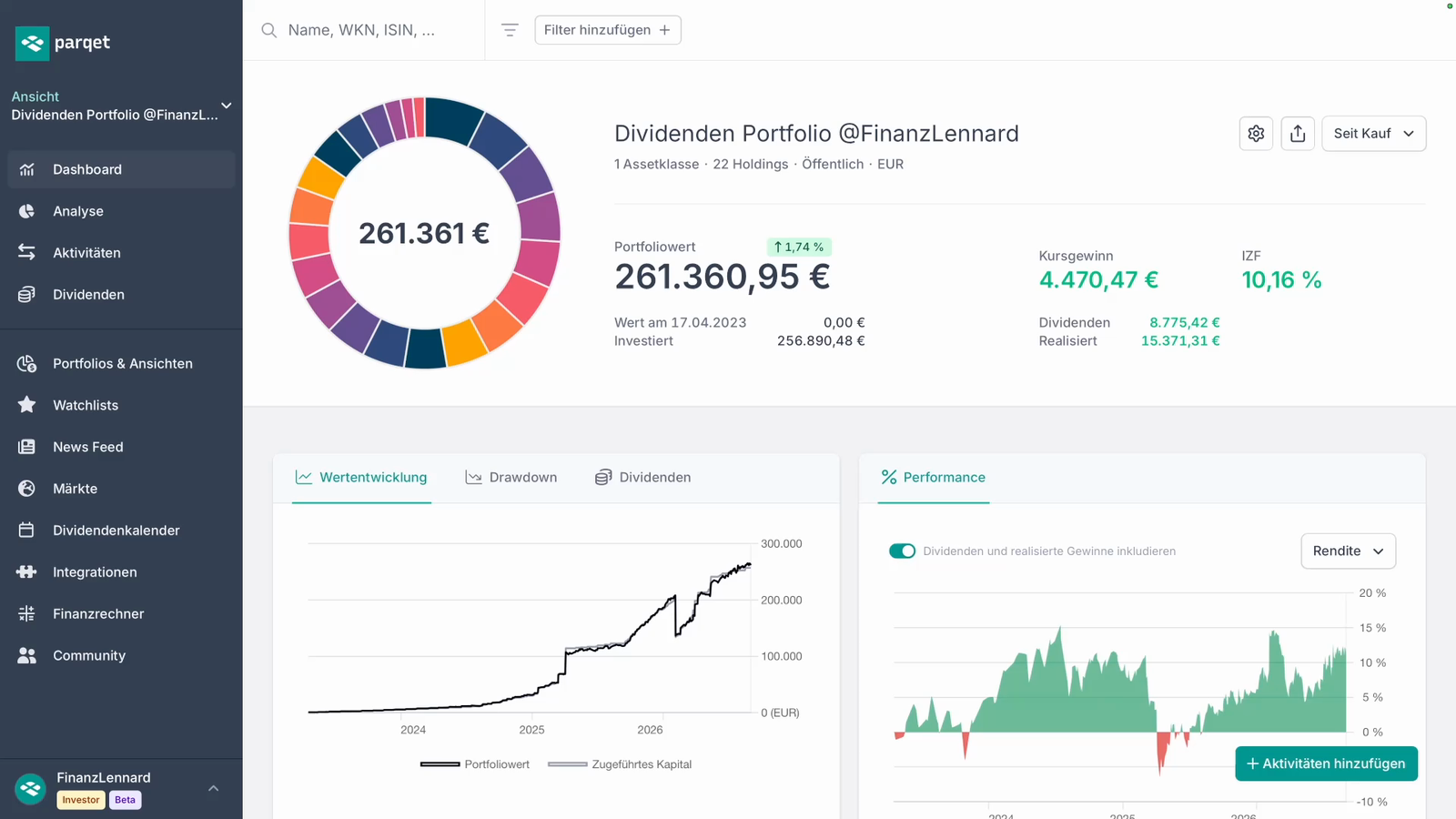 Parqet-Dashboard: Dividenden-Portfolio mit 261.360,95 € Portfoliowert, 1,74 % Kursgewinn und 8.775,42 € erhaltenen Dividenden