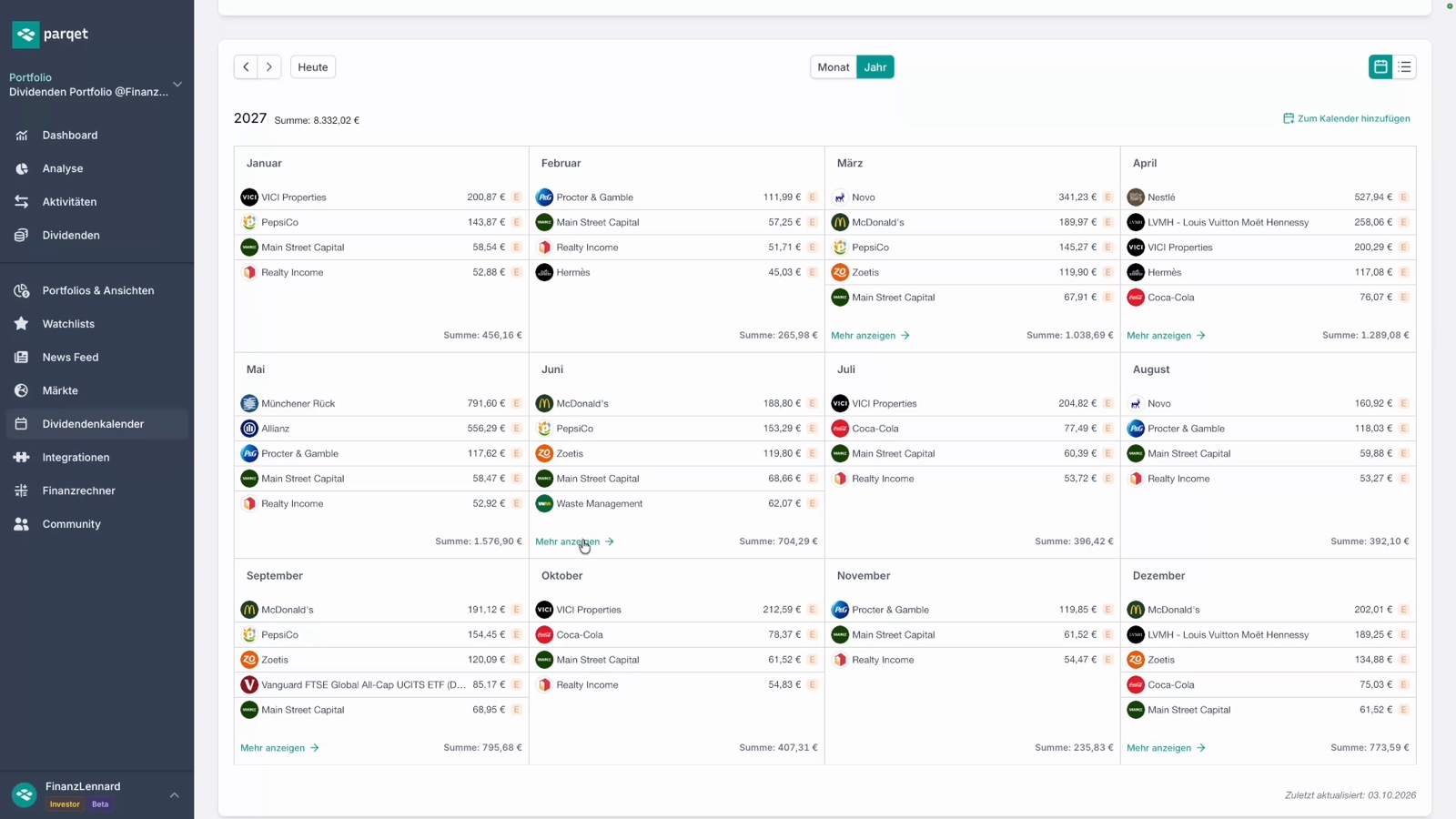 Parqet-Dividendenkalender 2027 mit einer Jahressumme von 8.332,02 €: Januar 456,16 €, Februar 265,98 €, März 1.038,69 €, April 1.289,08 €, Mai 1.576,90 €, Juni 704,29 €, Juli 396,42 €, August 392,10 €, September 795,68 €, Oktober 407,31 €, November 235,83 €, Dezember 773,59 €