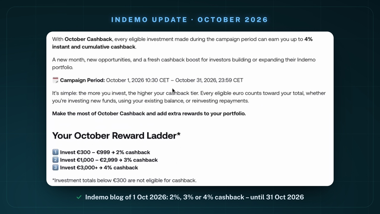 Indemo blog "October Cashback – Earn Up to 4%" of 1 October 2026: Campaign Period October 1, 2026 10:30 CET to October 31, 2026, 23:59 CET; "Your October Reward Ladder": Invest €300 – €999 → 2% cashback, Invest €1,000 – €2,999 → 3% cashback, Invest €3,000+ → 4% cashback; footnote: Investment totals below €300 are not eligible for cashback