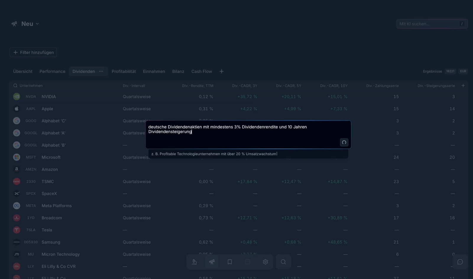 The AI search in Parqet Terminal's screener understands the input "German dividend stocks with at least 3% dividend yield and 10 years of dividend growth" in natural language