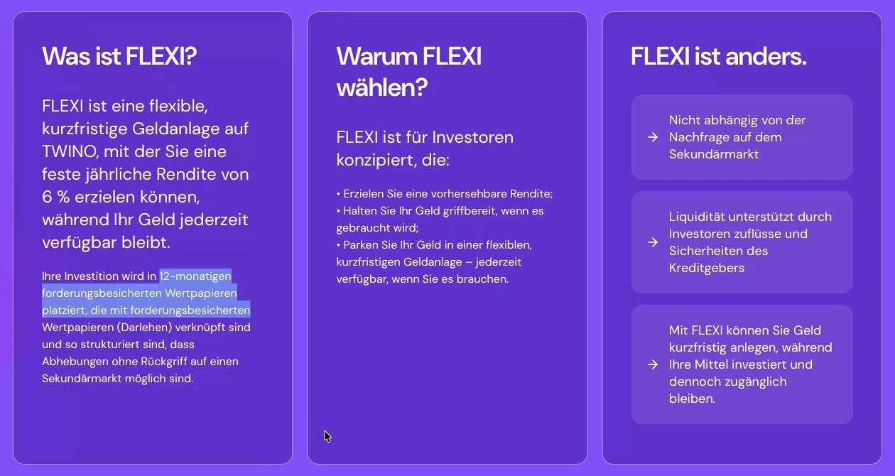 TWINO's FLEXI product page (German): FLEXI is a flexible, short-term investment with a fixed 6% annual return; the investment is placed in 12-month asset-backed securities