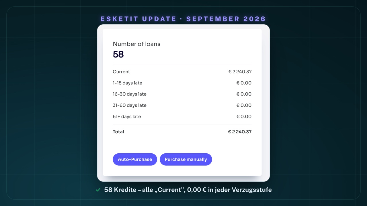Mein Esketit-Portfolio: 58 Kredite, alle 'Current' mit 2.240,37 €, in jeder Verzugsstufe (1–15, 16–30, 31–60, 61+ Tage) stehen 0,00 €