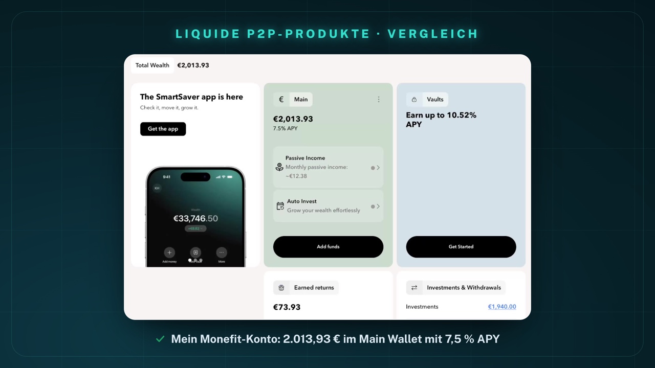 Mein Monefit-SmartSaver-Konto am 7. Oktober 2026 (englische Oberfläche): Total Wealth €2,013.93, Main €2,013.93 mit 7.5% APY, Monthly passive income ~€12.38, Vaults „Earn up to 10.52% APY“, Earned returns €73.93, Investments €1,940.00