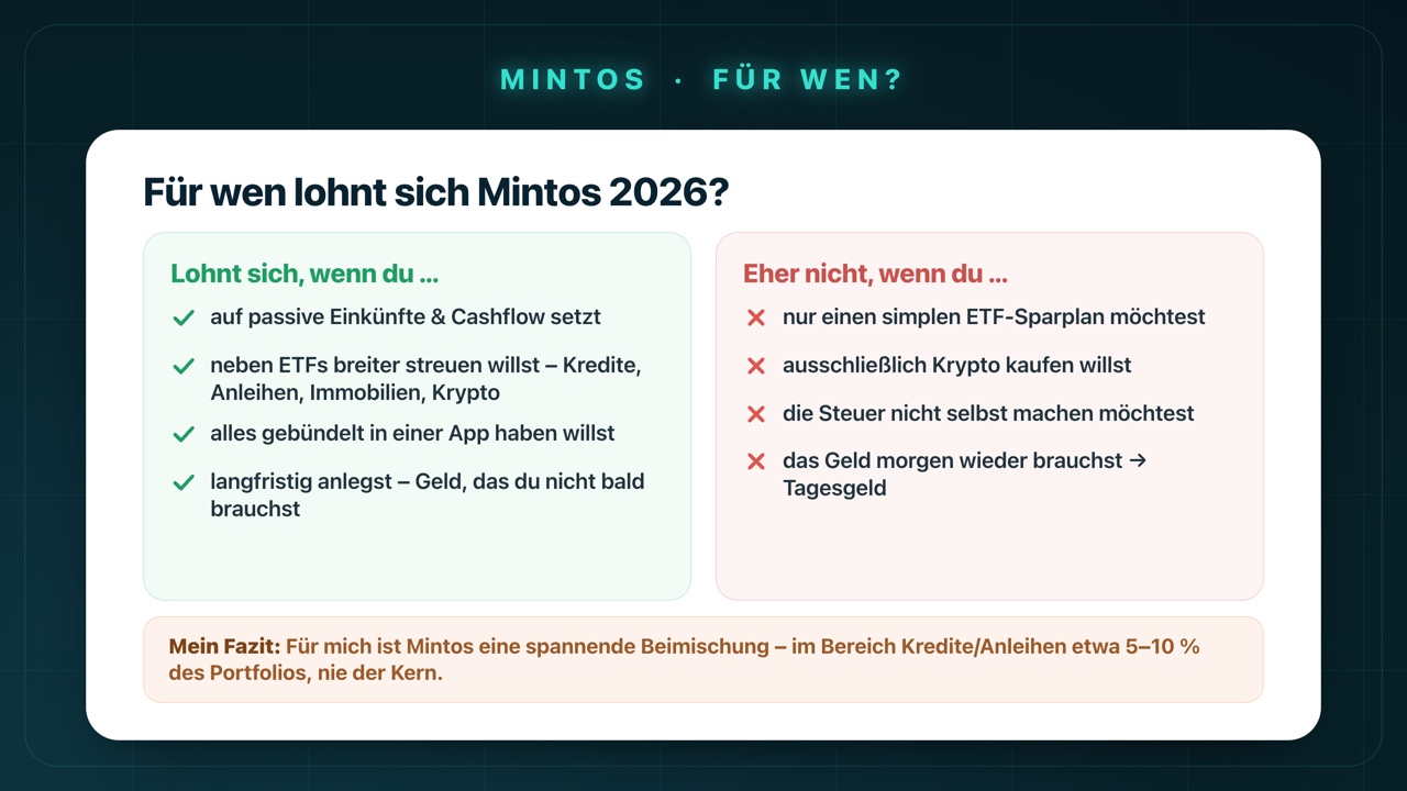 Für wen lohnt sich Mintos 2026: lohnt sich bei passiven Einkünften, breiter Streuung neben ETFs und dem Wunsch nach einer App – eher nicht bei simplem ETF-Sparplan, reinem Krypto-Kauf oder kurzfristigem Geldbedarf.