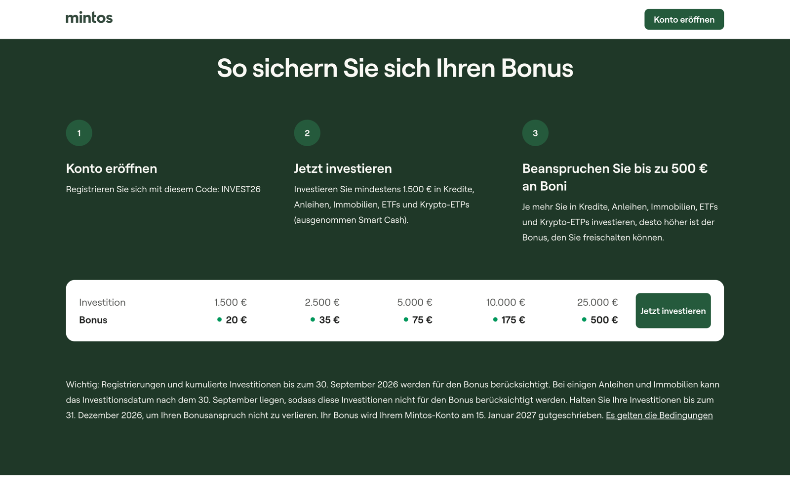 Die Bonus-Staffel der Mintos INVEST26-Aktion – von 20 € ab 1.500 € bis 500 € ab 25.000 €