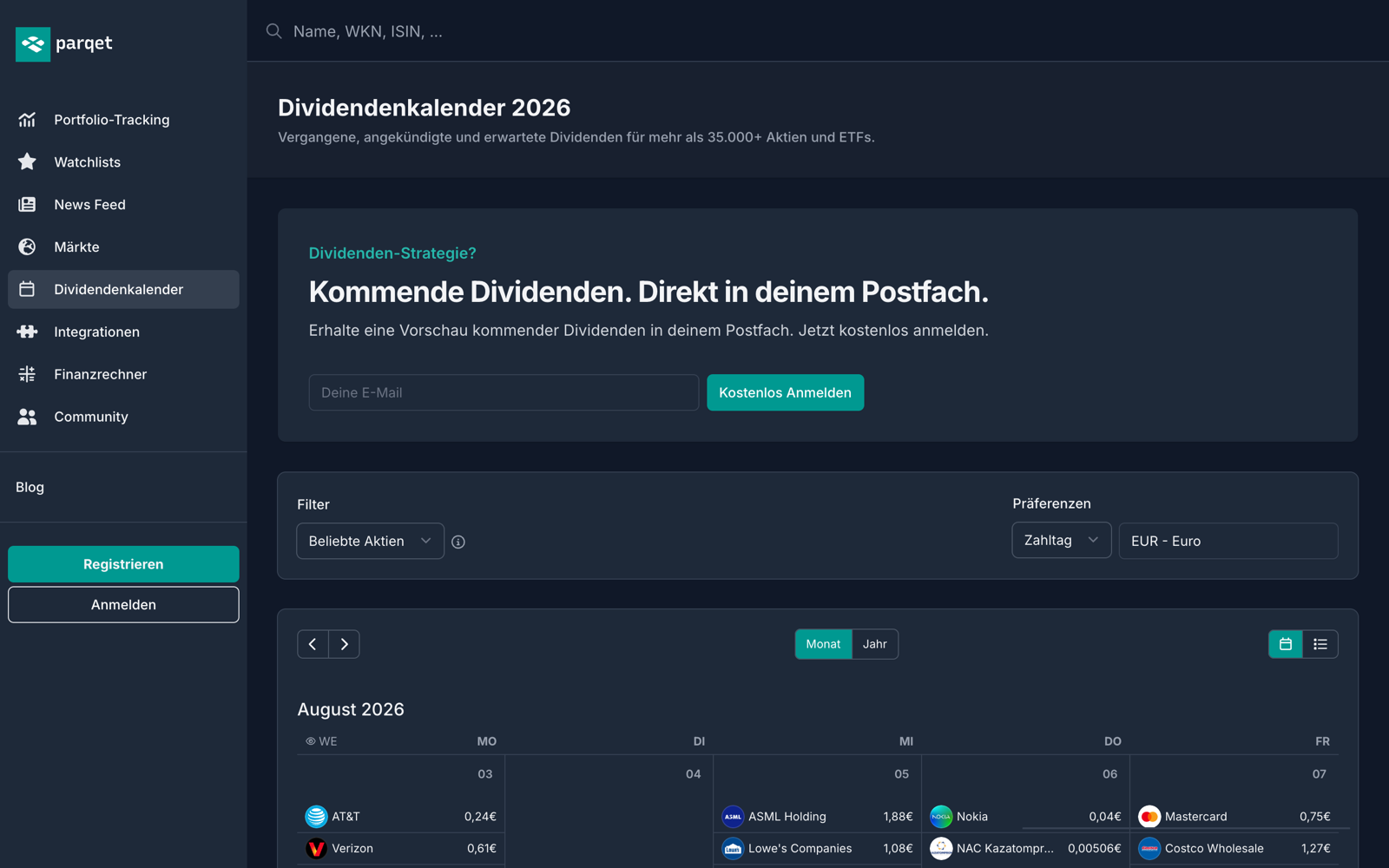 Parqet Dividendenkalender mit kommenden Ausschüttungen