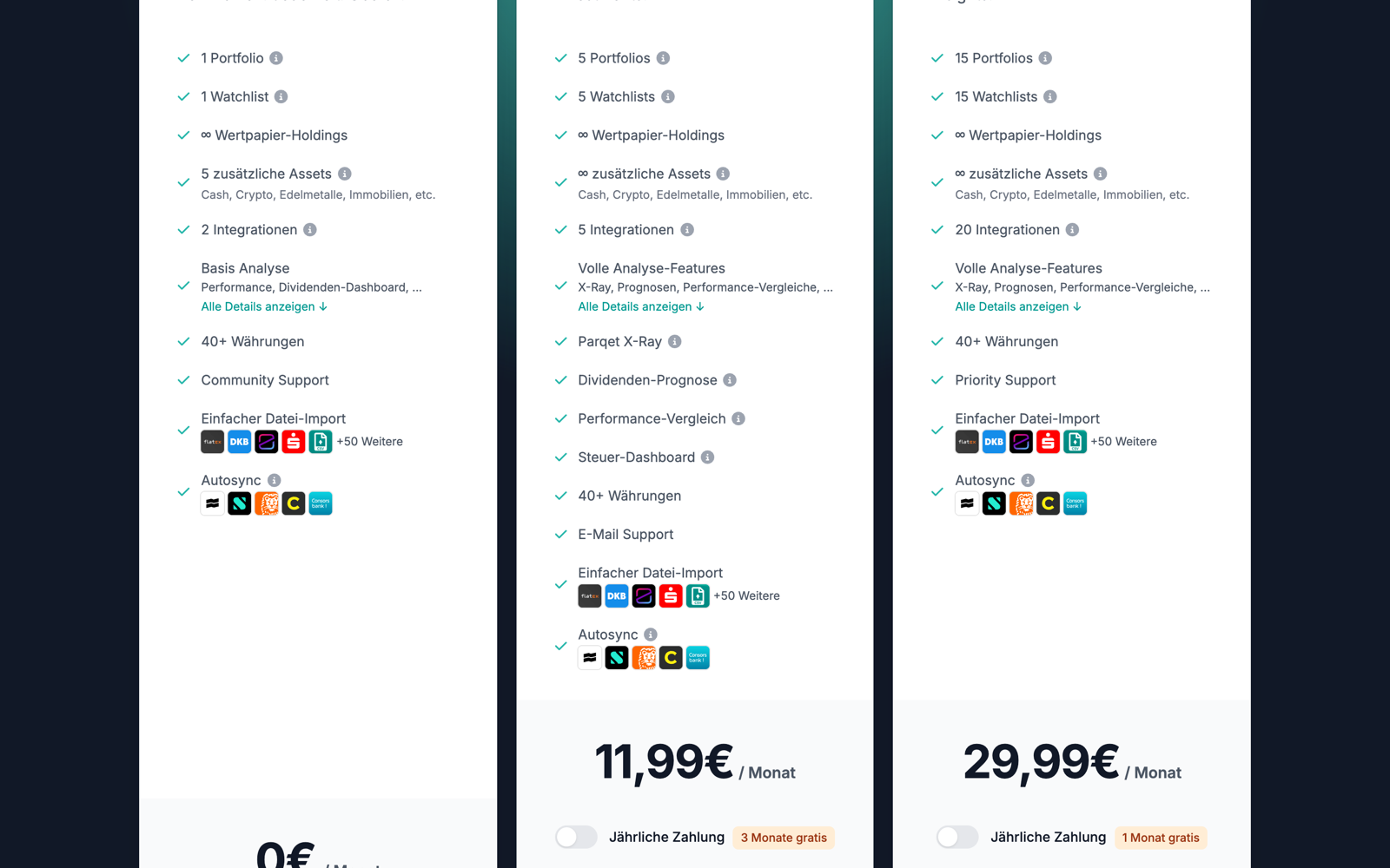 Parqet Preise und Features von Basis, Plus und Investor im Vergleich