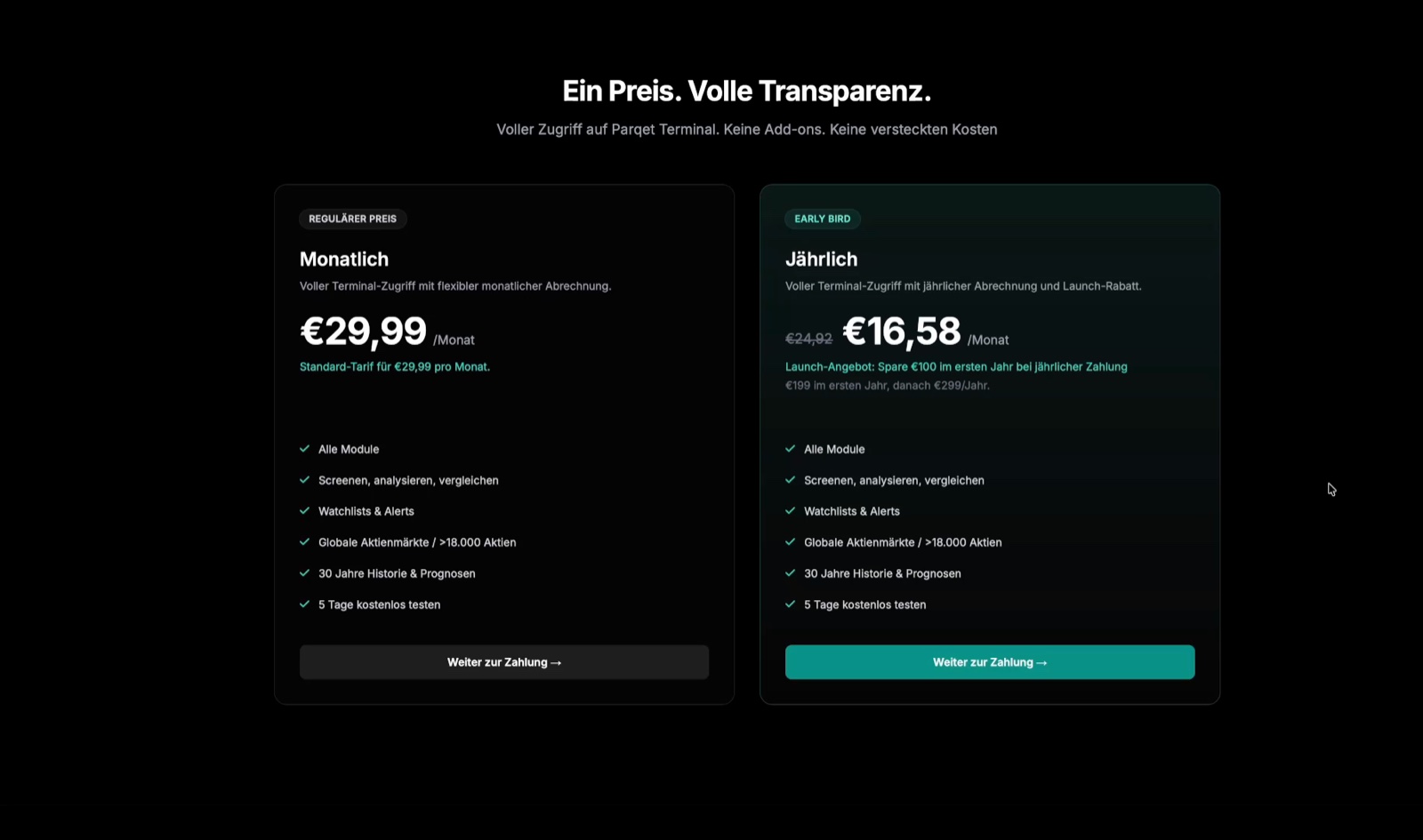 Preisübersicht von Parqet Terminal: monatlich 29,99 Euro oder jährlich als Early Bird 16,58 Euro pro Monat (199 Euro im ersten Jahr, danach 299 Euro), inklusive aller Module, Watchlists, über 18.000 Aktien, 30 Jahre Historie und 5 Tage kostenlos testen