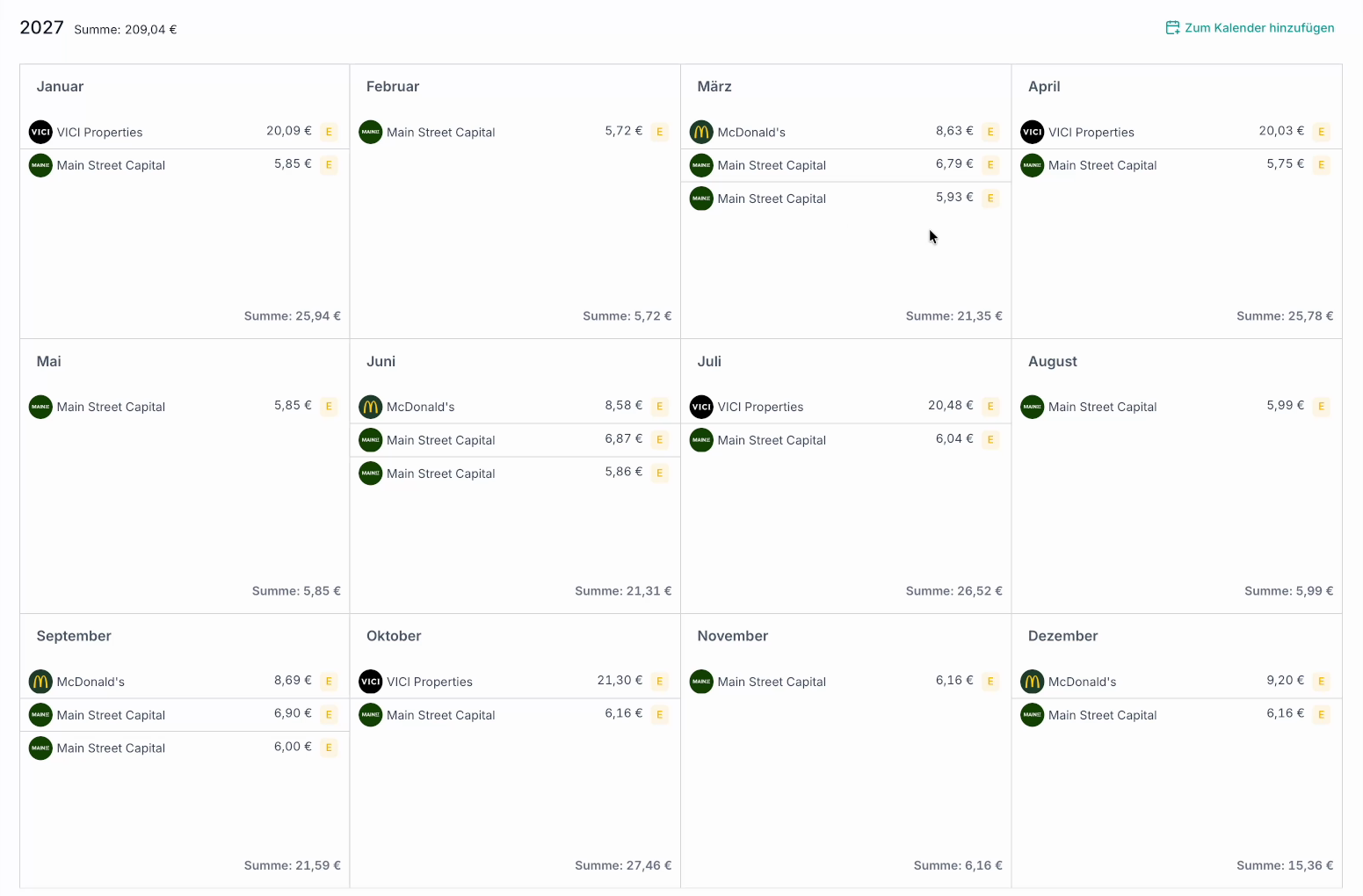 Dividenden-Vorschau des Spendendepots für 2027 bei Parqet: Summe 209,04 €, Main Street Capital zahlt in jedem Monat, VICI Properties und McDonald's quartalsweise