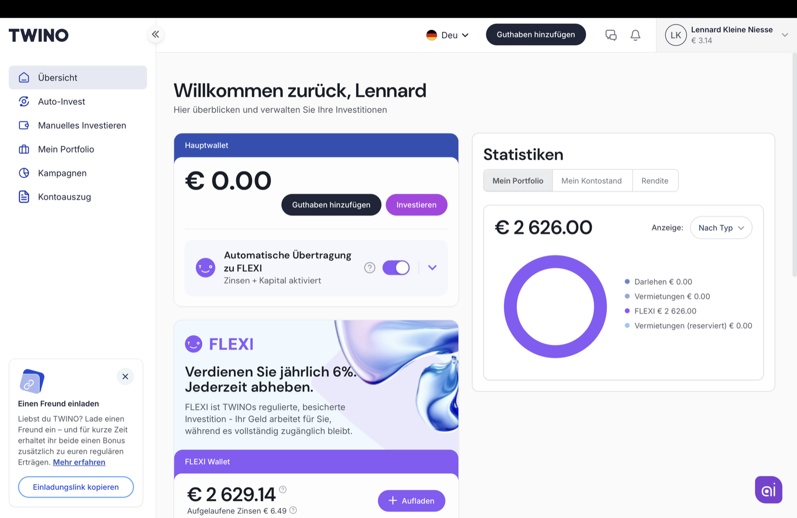 Mein TWINO Dashboard im August 2026: 2.626 € komplett in FLEXI investiert, automatische Übertragung aktiviert
