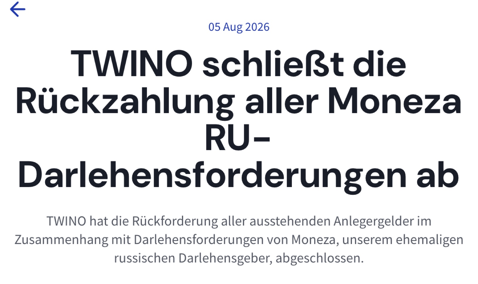TWINO blog: completion of the Moneza repayment in August 2026, all outstanding investor funds recovered