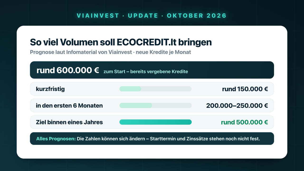 Prognose zum Volumen von ECOCREDIT.lt auf Viainvest: rund 600.000 € bereits vergebene Kredite zum Start, danach rund 150.000 € neue Kredite pro Monat, 200.000 bis 250.000 € pro Monat in den ersten sechs Monaten, Ziel rund 500.000 € pro Monat binnen eines Jahres – alles Prognosen
